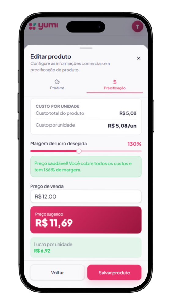 Precificação inteligente no app Yumi
